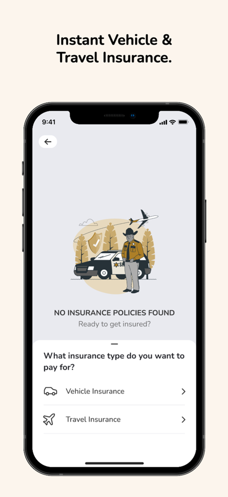 Waychit app interface for choosing vehicle or travel insurance