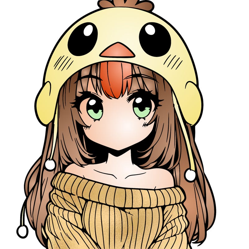 anime girl with chick shaped hat with sweater with bare shoulders with bangs covering them one eye with low tail