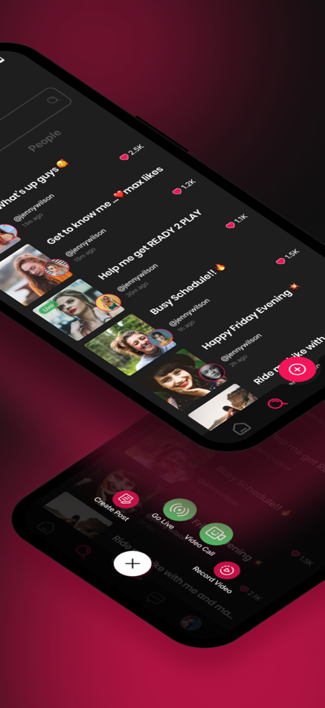 Peeks Social - Live Video - Smartphone screens displaying the Peeks Social live video feed and creator menu.