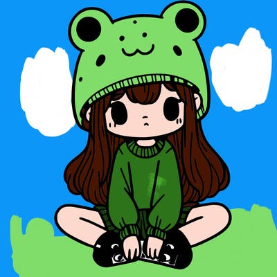 a girl wearing a frog hat and some frog socks