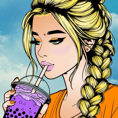 realistic girl drinking boba tea with braided hair