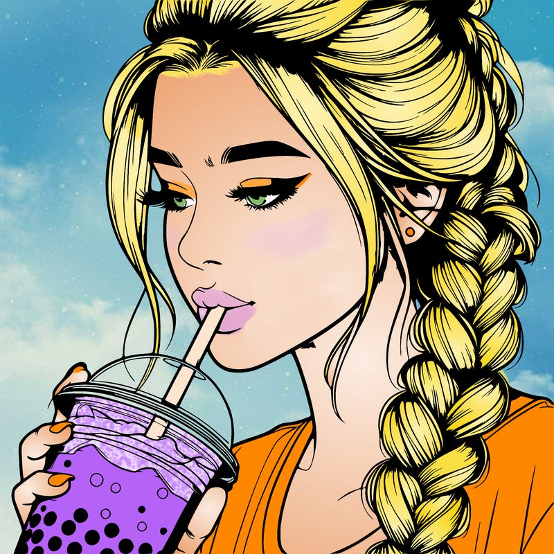 realistic girl drinking boba tea with braided hair
