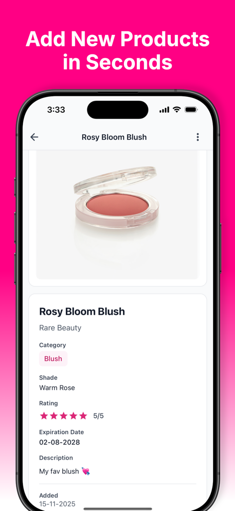 BeautyJournal - Smartphone screen showing a detailed makeup product entry for a blush with photos ratings and expiration date in the BeautyJournal app