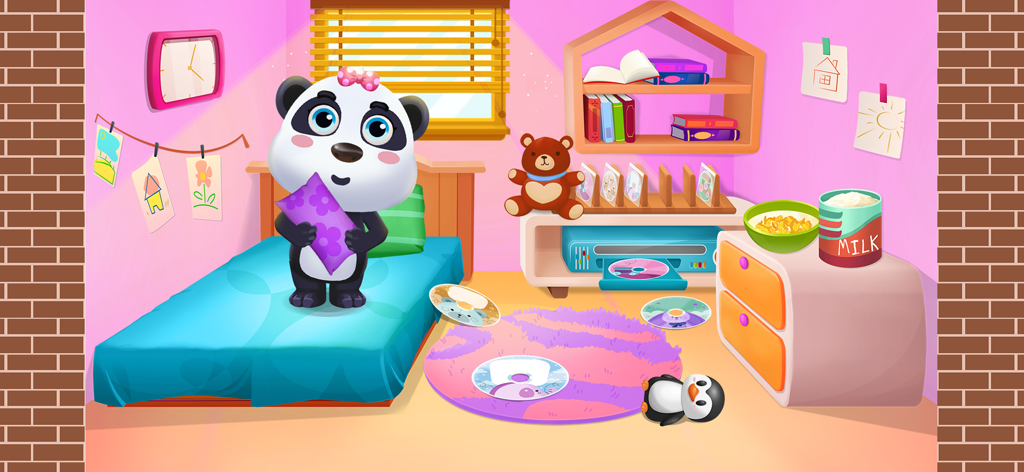Panda Care: Panda's Life World - A baby panda holding a purple pillow in a colorful bedroom filled with toys and furniture