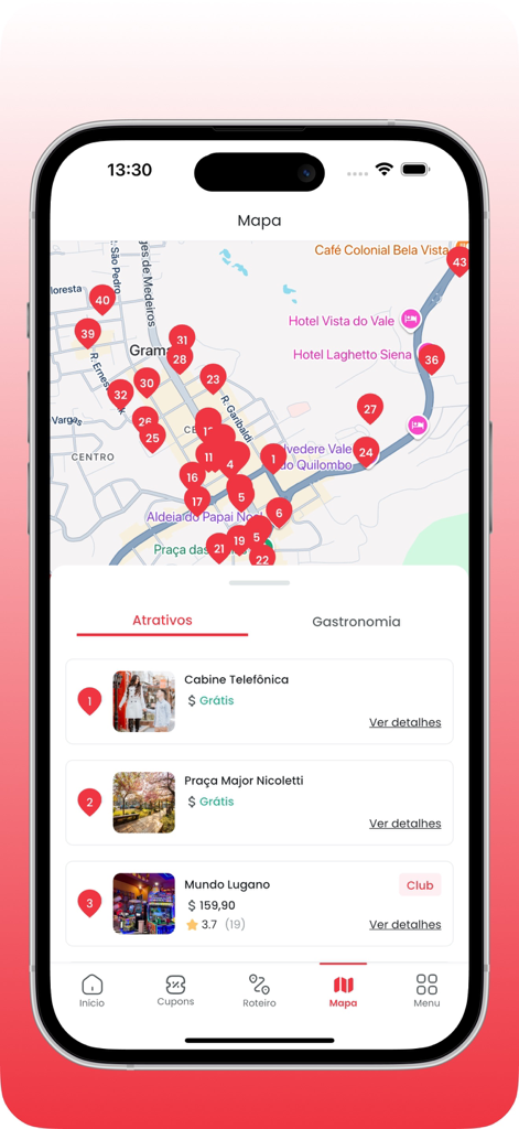 Gramado Blog - Interactive map of Gramado attractions in the Gramado Blog mobile app showing various points of interest and landmarks
