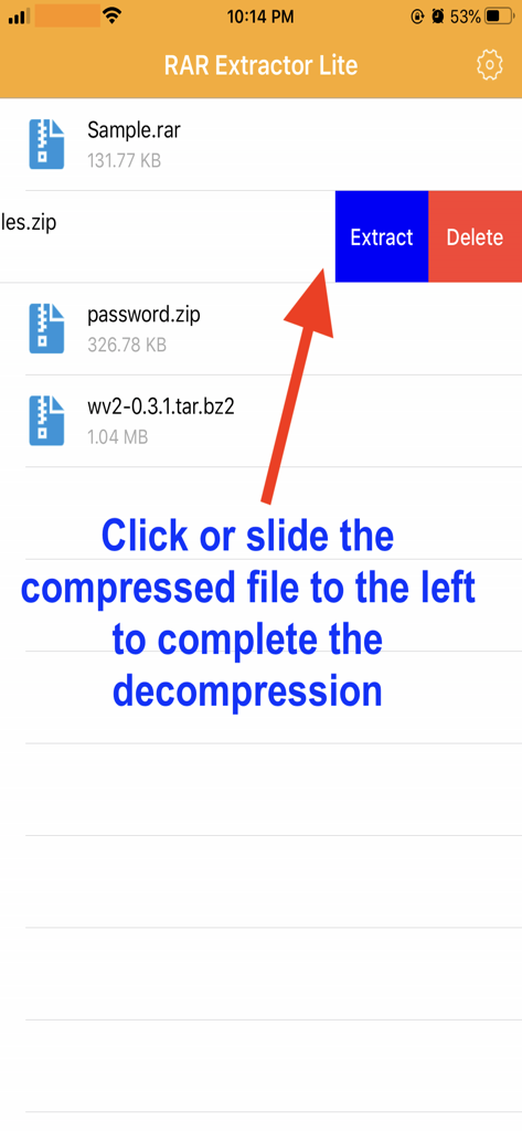 La interfaz de la aplicación RAR Extractor Lite muestra cómo deslizar un archivo hacia la izquierda para extraerlo.