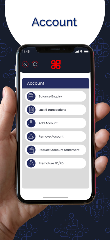 Pantalla de la aplicación BNB MPay que muestra opciones de gestión de cuenta como consulta de saldo e historial de transacciones.