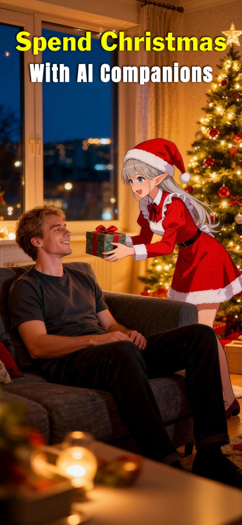A man sitting on a sofa receiving a gift from an anime AI character in a Christmas-themed room