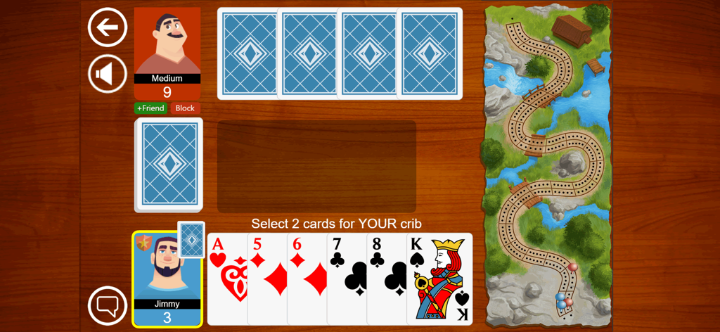 Cribbage JD mobile app gameplay showing large print cards and a digital scoring board on a wooden background.