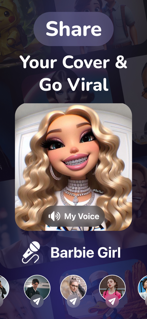 AI Cover - AI Song Generator - A screen from the AI Cover app promoting sharing music covers to go viral on social media