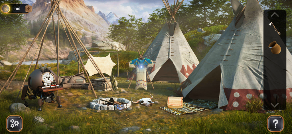 Time Travel: Escape Game - A puzzle scene in Time Travel Escape Game featuring Native American tipis and a time machine in a mountain valley