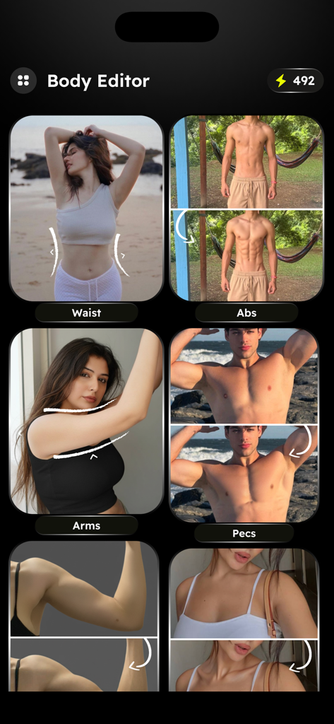 A mobile app interface displaying various body editing tools for waist, abs, arms, and pecs.