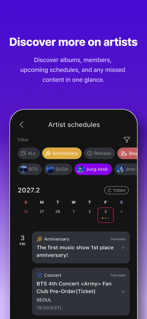 Interface of Mubeat app showing a calendar with K-pop artist schedules and concert dates.