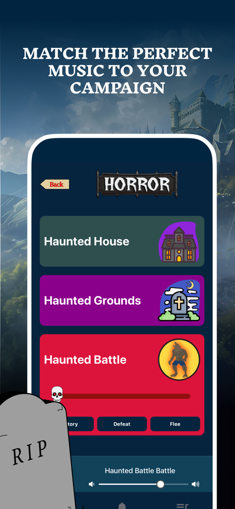 Tabletop Tunes - RPG Music App - Tabletop Tunes App-Oberfläche, die Horror-Musikthemen anzeigt, darunter Spukhaus und Spukkampf für RPG-Kampagnen.