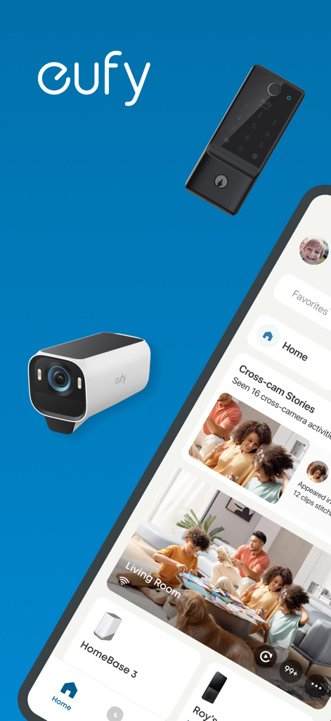 eufy - Interfaz de la app Eufy mostrando transmisiones de cámaras de seguridad e integración de cerradura inteligente para la gestión del hogar