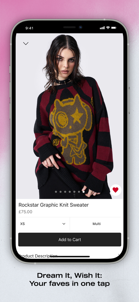 Screenshot of the Minga London app displaying the Rockstar Graphic Knit Sweater product page