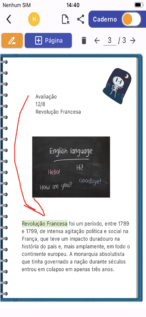 Page de bloc-notes numérique avec du texte, des images et des outils de dessin.