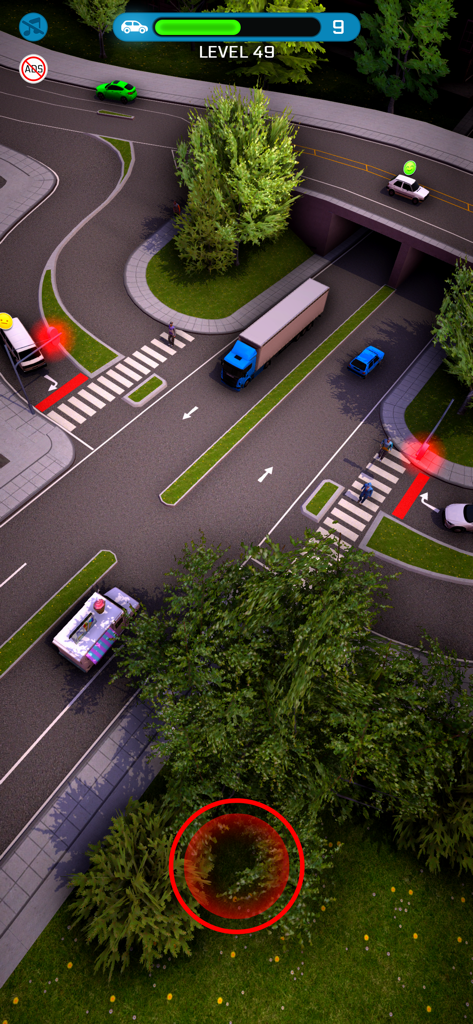 Crazy Traffic Control - Top down view of cars and a truck at a busy intersection in Crazy Traffic Control