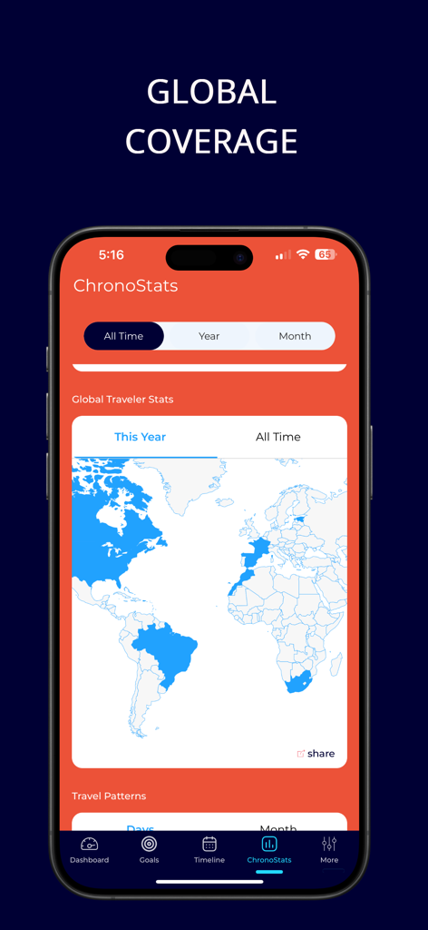 Chrono: Time in Place - Chrono app interface showing global traveler statistics and world map tracking