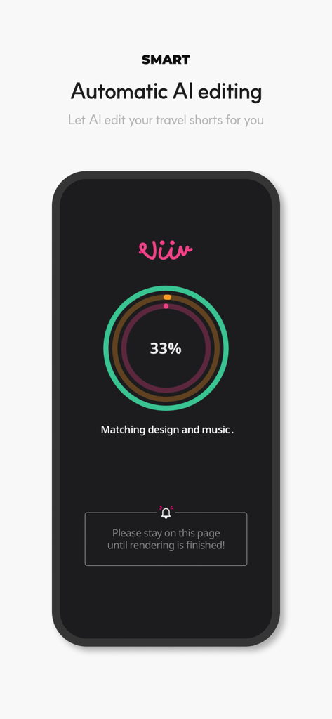 ViiV - Find the perfect travel - ViiVアプリのスクリーンショット。プログレスバーと音楽マッチングステータス付きの旅行動画ショートの自動AI編集プロセスを示しています。
