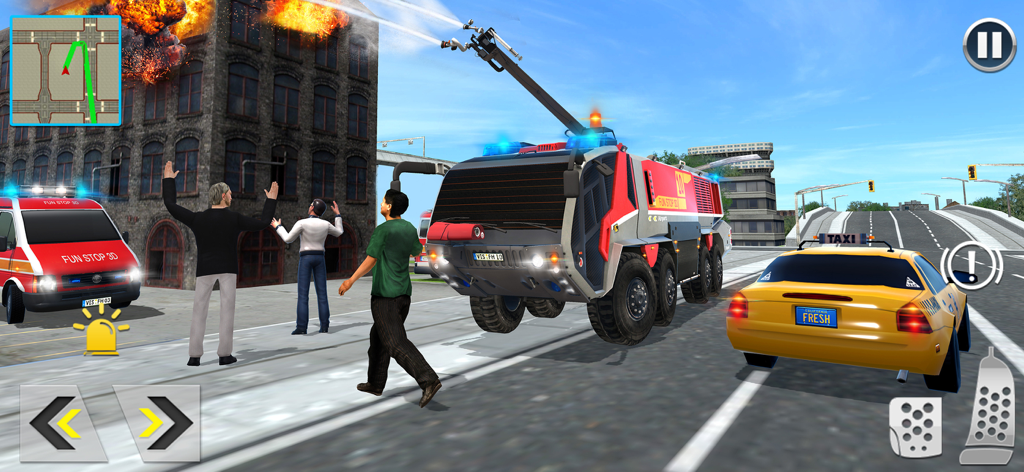 Firefighter Vehicles Rescue 3D - A fire truck putting out a building fire in a 3D city rescue simulator game