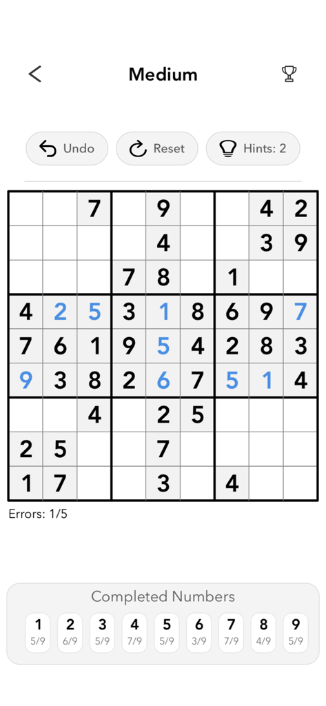 Soku - Sudoku Classic - A medium difficulty Sudoku puzzle grid in the Soku classic mobile app