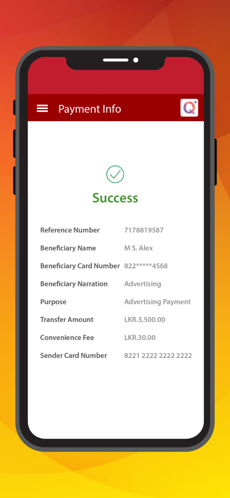 Successful payment confirmation screen on ComBank Q Plus app
