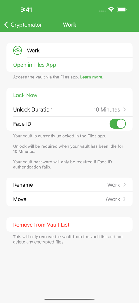 Cryptomator app interface showing security settings for a vault including Face ID toggle and Files app integration