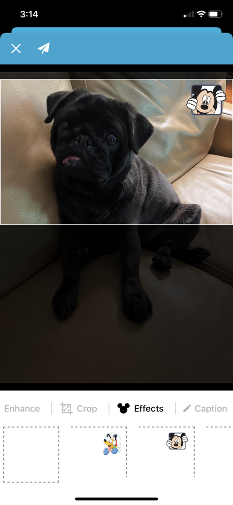 PhotoShare Frame v2 app interface showing a photo of a black pug being edited with a Mickey Mouse digital effect