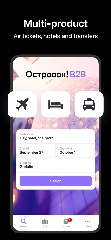 Interfaz de búsqueda de vuelos, hoteles y traslados de la aplicación móvil B2B Ostrovok