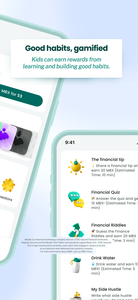 Modak: Kids & Teens Banking - Modak app interface displaying gamified financial and health challenges for kids to earn rewards