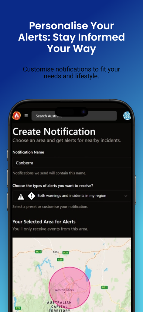 Bushfire.io: Natural Disasters - Smartphone screen showing the Bushfire.io app interface for setting up personalized disaster notifications with a map selection.