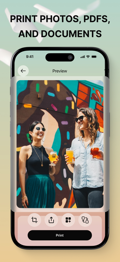 Interfaz del iPhone de Smart Printer App que muestra una vista previa de impresión de fotos con un botón de imprimir
