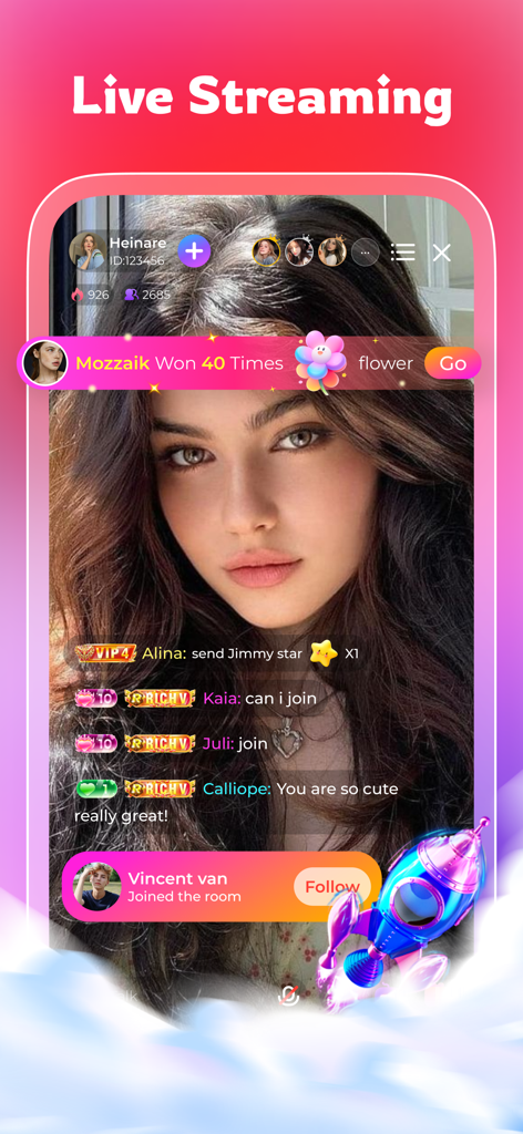 BoloUp-Live&Chat - BoloUp live streaming screen showing a female host with real-time user comments and interactive social features