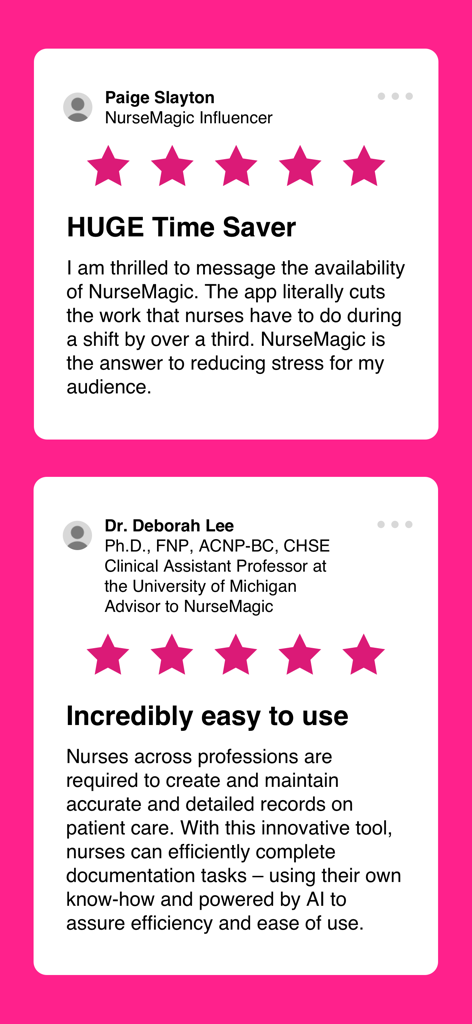 NurseMagic - Testimonials for the NurseMagic app from a nurse influencer and a clinical assistant professor highlighting its time-saving benefits and ease of use.