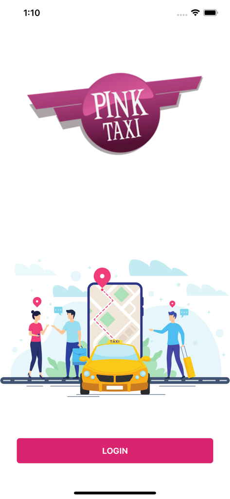 Pink Taxi Beograd app login screen featuring the company logo and an illustration of passengers booking a yellow taxi via a smartphone map.