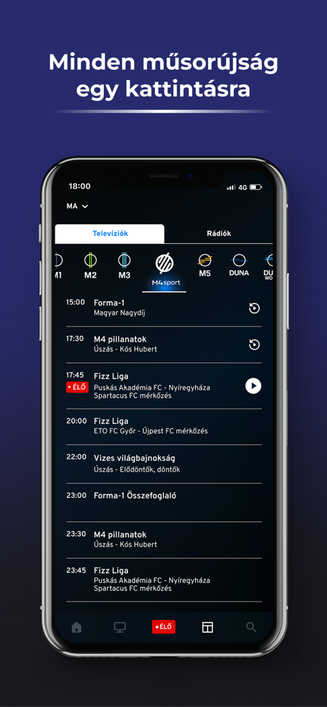 Smartphone screen displaying the MediaKlikk app TV program guide with Hungarian public media channels and sports schedule