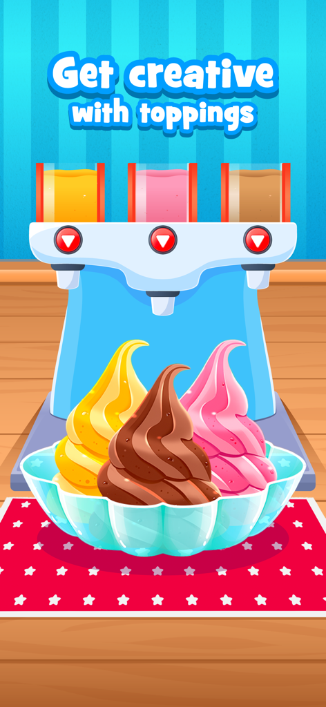 Kids Cooking Games & Baking - Una colorida máquina de yogur helado dispensando espirales amarillas, marrones y rosas en un tazón
