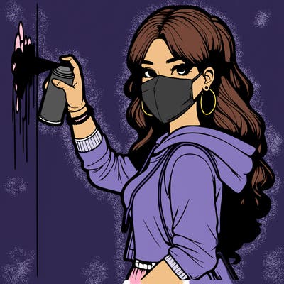 realistic girl with mask spray painting a wall