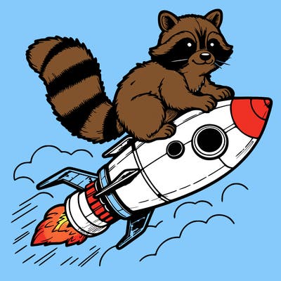 realistic raccoon flying on top rocket ship