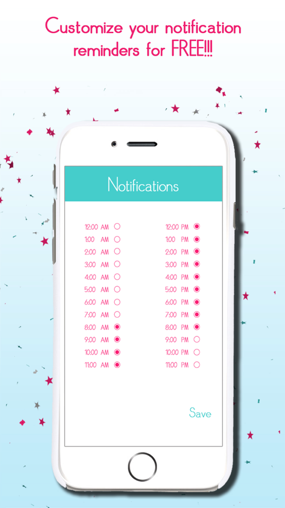 A mobile interface for customizing hourly water intake notification reminders with a list of selectable times.
