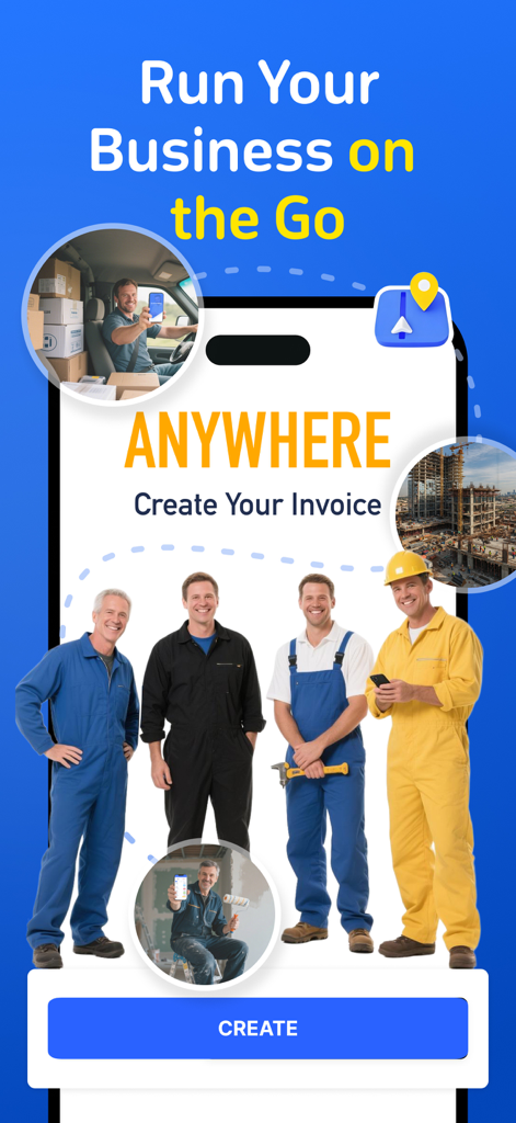Invoice Maker -Done in Seconds - 請負業者やプロフェッショナルが外出先で請求書を作成しているモバイルアプリインターフェース