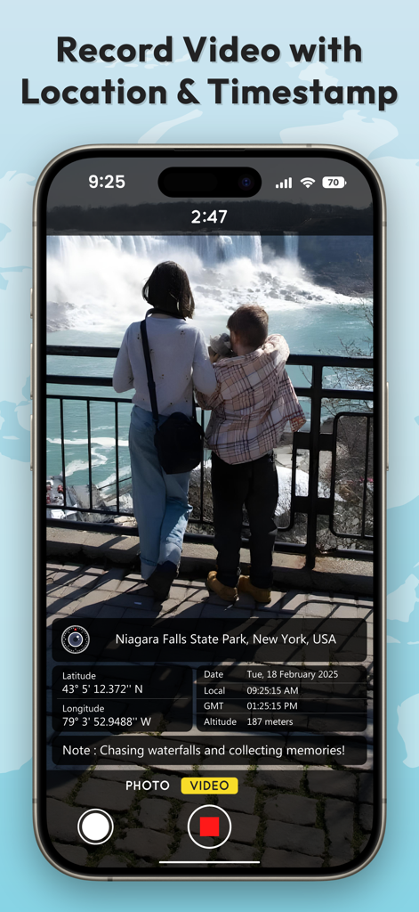 Smartphone recording a video of Niagara Falls with location and timestamp data overlay