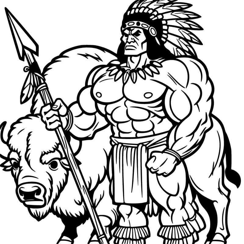 muscular indian tribe leader holding a spear standing on a baffalo