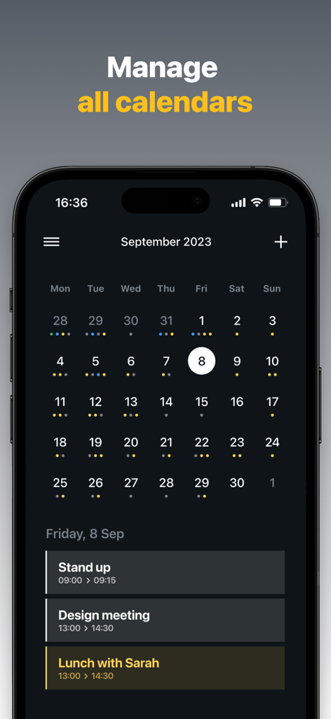 Solid Calendar - Interfaz de la aplicación Solid Calendar en iPhone mostrando un horario mensual y eventos diarios en modo oscuro