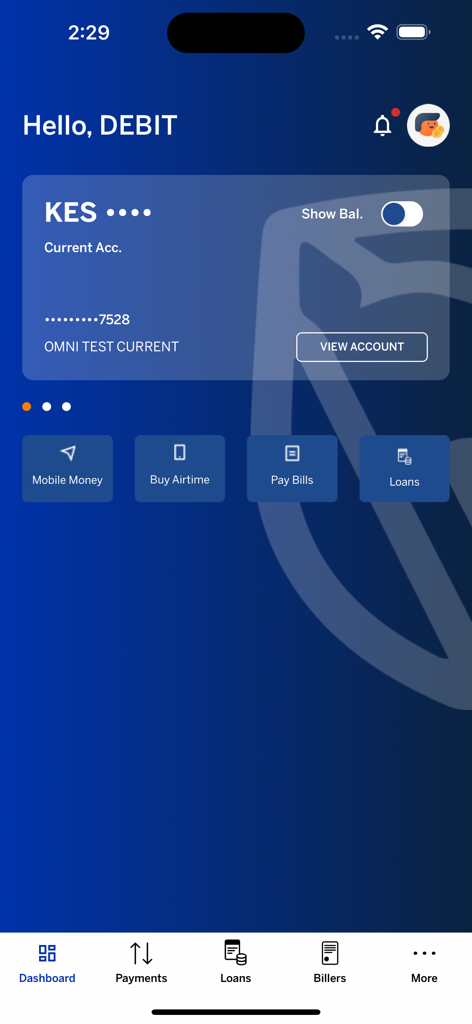 Stanbic Bank Kenya - Dashboard of Stanbic Bank Kenya mobile app featuring options for mobile money, airtime, and bill payments.