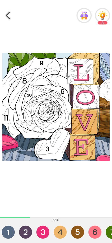 LOVEと書かれたバラと木製ブロックを特徴とする数による色塗りインターフェース