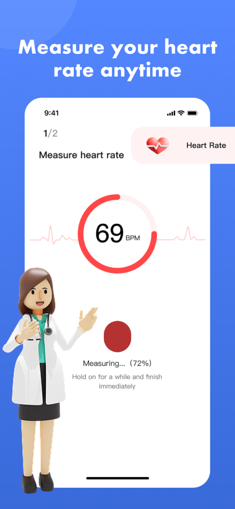 Blood Pressure App-Health Body - iPhone App-Bildschirm, der die Herzfrequenzmessung bei 69 Schlägen pro Minute mit einer Cartoon-Arztfigur anzeigt