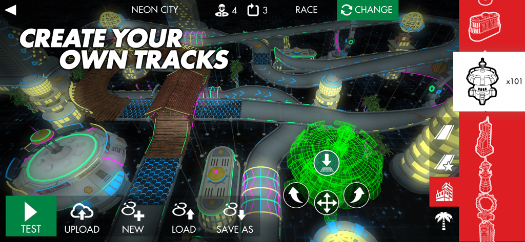 Shell Racing - Interfaccia dell'editor di tracciati di Shell Racing con una città futuristica al neon e strumenti per creare tracciati personalizzati.