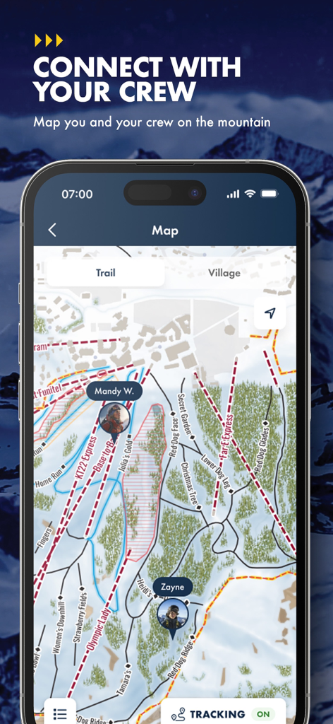 Ikon Pass app screen showing real-time GPS tracking of friends on a mountain trail map.